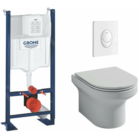 Pack WC suspendu Jacob Delafon sans bride Elite, abattant extraplat fermeture douce, Blanc + Bâti support wc Grohe Rapid SL Project 1.13 M + plaque de commande blanc Grohe quickfix (1/3)