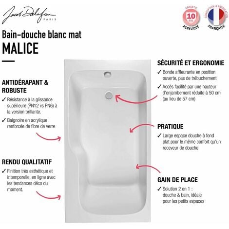 Baignoire bain douche JACOB DELAFON Malice antidérapante + tablier niche  Blanc Mat, 170 X 90 - version gauche - Cdiscount Bricolage