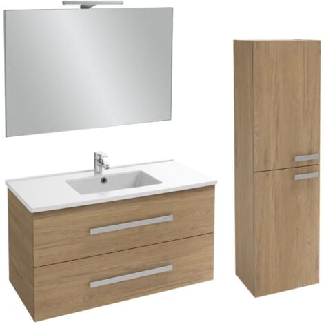 Meuble de salle de bain 80cm vasque déportée - 2 tiroirs - miroir avec  armoirette - roble (chêne clair) - KING