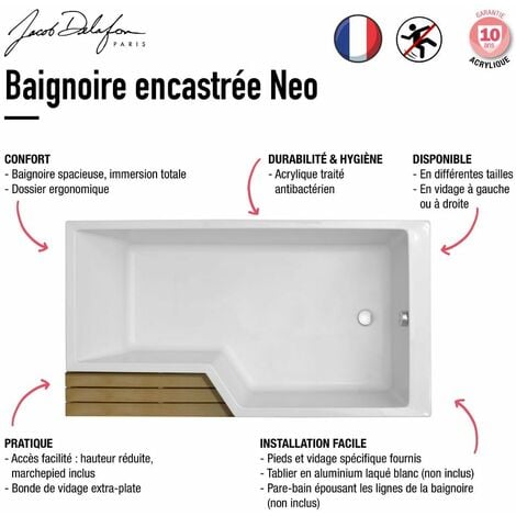 Baignoire bain douche antidérapante JACOB DELAFON Neo, blanc mat 170 x 90, gauche