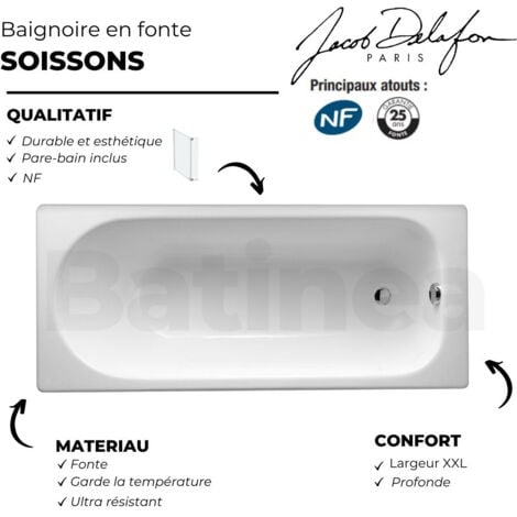 Baignoire droite JACOB DELAFON Soissons en fonte + pare bain 170 X 70