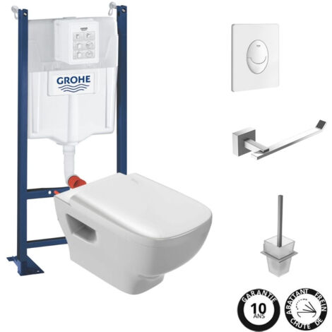 Pack WC suspendu sans bride JACOB DELAFON Struktura + Bati-support GROHE + plaque Start blanc + porte-balai + porte-rouleau carré (1/4)