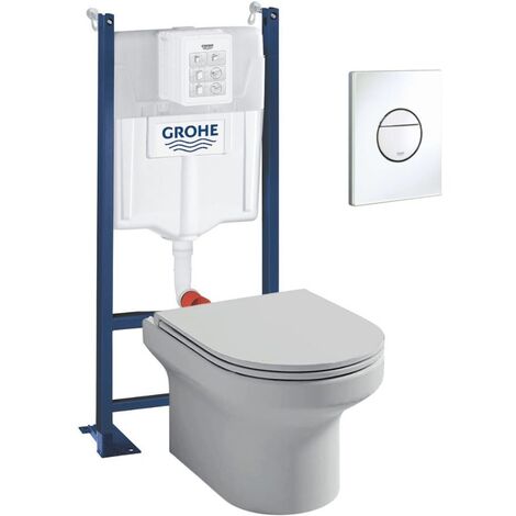 Pack WC suspendu + abattant + Bâti support + Sail Plaque de commande WC rond blanc (1/5)