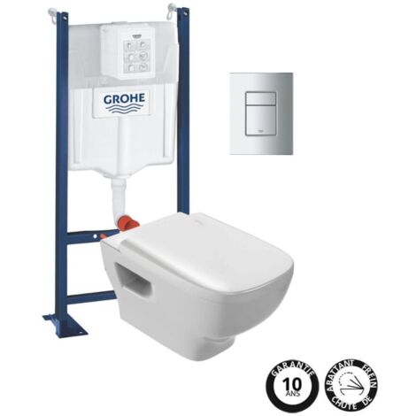WC suspendu sans bride Jacob Delafon Struktura + abattant + Bâti support + Even Plaque de commande WC carré chromé (1/5)