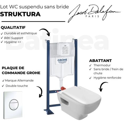 Pack WC suspendu compact Jacob Delafon Patio + abattant + plaque + bâti