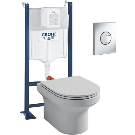 Pack WC suspendu + abattant + Bâti support + Sail Plaque de commande WC rond chromé (1/5)