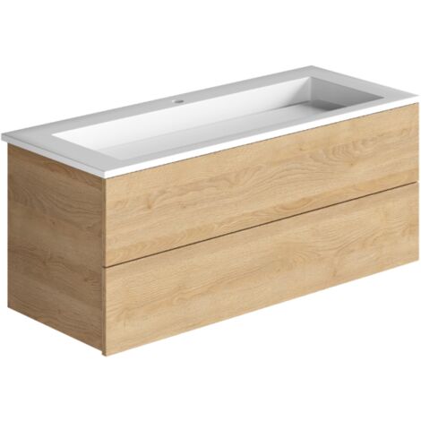 Burgbad – Meuble double vasque 120 cm chêne cachemire – 1 vasque – 2 tiroirs à fermeture amortie – Installation à suspendre – Pierre de synthèse