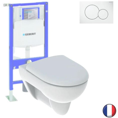Geberit Pack WC Bâti-support + WC Swiss Aqua Technologies Infinitio sans  bride + Plaque Blanc