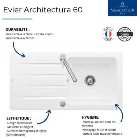 Evier 1 bac 100 x 51 cm VILLEROY ET BOCH Architectura 60 Blanc vidage automatique inclus