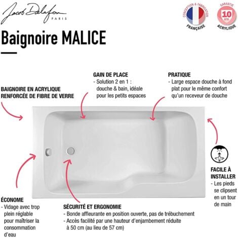 Baignoire bain douche JACOB DELAFON Malice, version gauche Blanc brillant 160 x 85