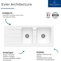 Villeroy et Boch - Evier en céramique 1 cuve 1/2 Architectura 80, blanc, Sans vidage automatique