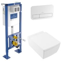 Pack WC suspendu sans bride VILLEROY ET BOCH Memento 2.0 + abattant + plaque blanche + bâti VILLEROY ET BOCH