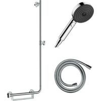 Barre de douche PMR HANSGROHE Unica 110 avec poignée à gauche Chromé + Pommeau de douche Pulsify 3 jets + flexible Isiflex 160cm