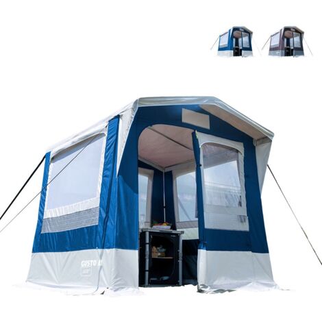 Tente cuisine Gusto III NG – Toit aux pans – Grandes fenêtres mousticaires – Jupe périmétrale – Porte d'entrée élargie – Brunner