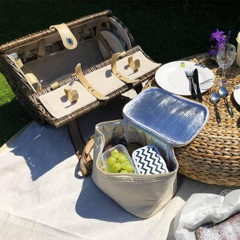 Panier Pique-nique Osier Gisors 4 Personnes - Vaisselle Céramique Et Verre - Compartiment Isotherme