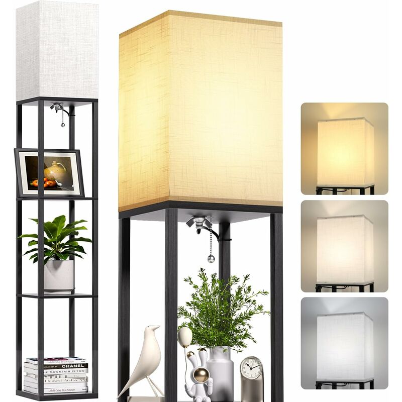 Aiskdan Stehlampe Wohnzimmer mit und Glühbirne) modernes Zugstange Dekoration Design für Noire Holzregal mit (ohne cuboid Lampe hohe Büro Wohnzimmer