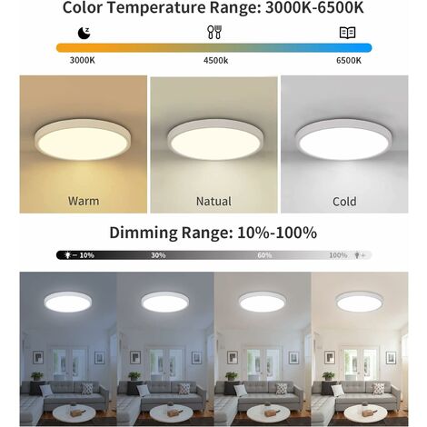 Plafonnier LED 24W Dimmable RGB, 2520lm Luminaire Plafonnier avec  Télécommande 2700-6500K IP54 Imperméable pour Bain,