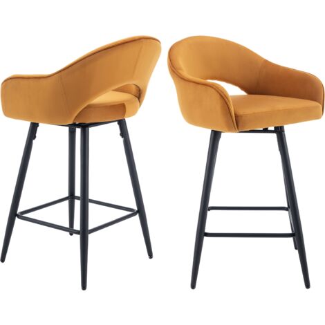 2er Set Barhocker 360°drehbar Barstuhl mit Rückenlehne Thekenhocker mit Metallbeine für Kücheninsel, Samt, Gelb