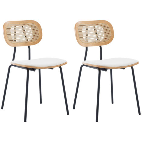 Esszimmerstühle für Küche Rattanstuhl mit Metallbeinen Sitzfläche aus Kunstleder Polster Weiß 2er Set Wahson