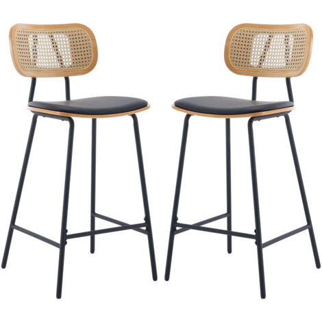 Barhocker für Küche mit Rattan Lehne PU-Polsterung und Metallbeinen Sitzfläche Schwarz 2er Set Wahson