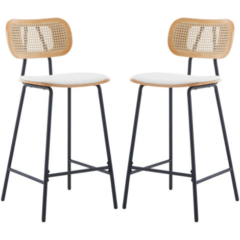 Barhocker für Küche mit Rattan Lehne PU-Polsterung und Metallbeinen Sitzfläche Weiß 2er Set Wahson