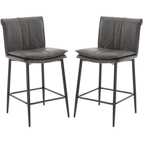 Barhocker 2er Set, Moderner Küchenhocker mit Lehne PU Leder Barstuhl Metallbeine Doppelschicht Kissen Thekenstühle für Kücheninsel, Grau