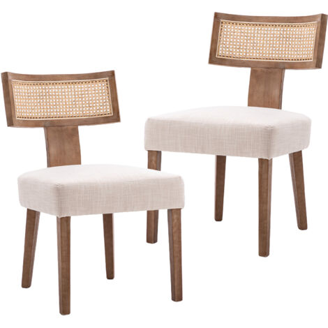Wahson Esszimmerstühle 2er Set Leinen Küchenstuhl Rattan geflochtene Rückenlehne, Vintage Polsterstuhl für Esszimmer, Beige