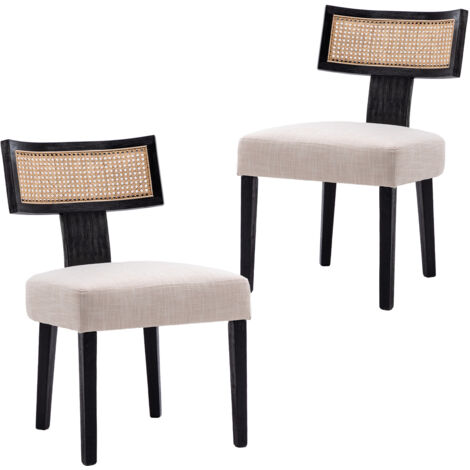 Wahson Esszimmerstühle 2er Set Leinen Küchenstuhl Rattan geflochtene Rückenlehne, Vintage Polsterstuhl für Esszimmer, Schwarz