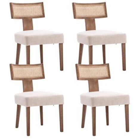 Wahson Esszimmerstühle 4er Set Leinen Küchenstuhl Rattan geflochtene Rückenlehne, Vintage Polsterstuhl für Esszimmer, Beige