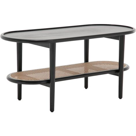 Feste Couchtische Moderner Holz für Wohnzimmer mit unterer Rattan Ablage Schwarz Wahson