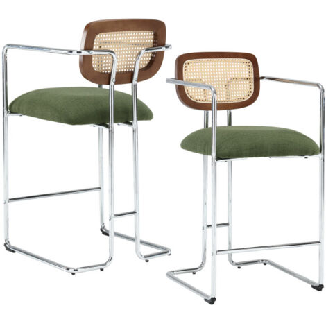 Barhocker für Küche aus Rattan und Teddystoff mit Lehne Metallgestell Sitzfläche Grün 2er Set Wahson