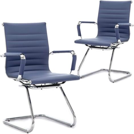 Bürostuhl Chefsessel Ergonomisch für Konferenzzimmer aus Kunstleder mit Chrom Armlehnen und Metallfuß Blau 2er Set Wahson