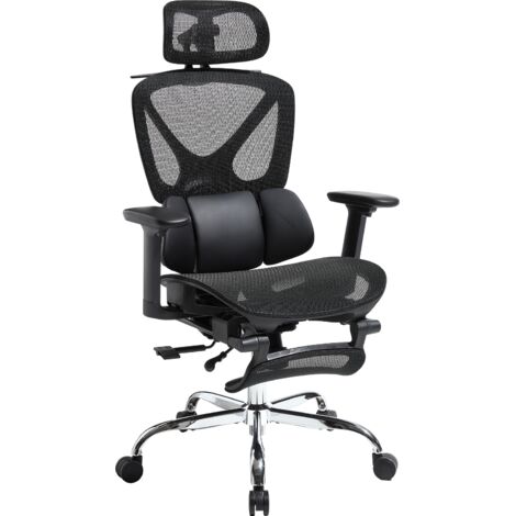 Wahson Bürostuhl, Ergonomisch Schreibtischstuhl mit Verstellbarer Kopfstütze, Drehstuhl mit Armlehnen und Lendenwirbelstütze, Schwarz