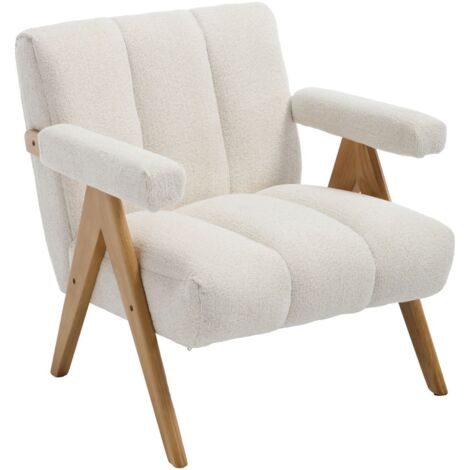 Wahson Relaxsessel aus Chenille, Moderner Armlehnensessel mit Holzbeinen, Loungesessel mit Polster für Wohnzimmer und Schlafzimmer, Weiß