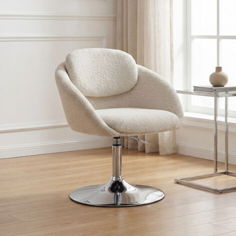 Wahson Drehstuhl Chenille Schminkstuhl höhenverstellbar 360°drehbar Sessel Polsterstuhl ohne Rollen, mit silbernem Sockel für Schlafzimmer, Weiß