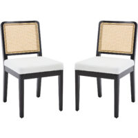 Esszimmerstühle 2er Set Leinen Küchenstühle mit Rattan Rückenlehne Retro Holz Akzentstühle Polsterstühle für Esszimmer Küche Wohnzimmer (Schwarz-2) Wahson