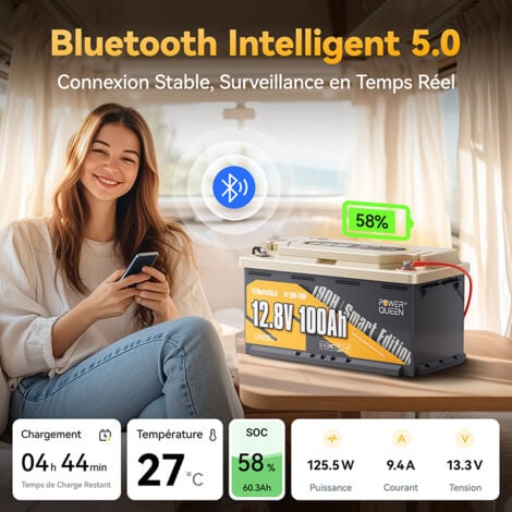 Batterie lithium 12V100Ah 1280Wh LiFePO4 Hauteur188mm(Bluetooth 5.0)+14,6V 20A Chargeur de Batterie au Lithium Power Queen（Deux colis expédiés）