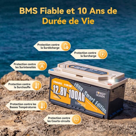 Batterie lithium 12V100Ah 1280Wh LiFePO4 Hauteur188mm(Bluetooth 5.0)+14,6V 20A Chargeur de Batterie au Lithium Power Queen（Deux colis expédiés）