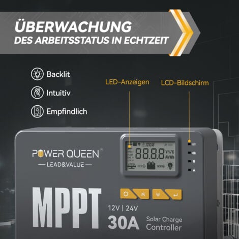 Contrôleur de charge solaire MPPT Power Queen 12 / 24V 30 AMP et adaptateur Bluetooth avec surveillance à distance, par défaut pour les batteries LiFePO4, compatible avec les batteries scellées, subme