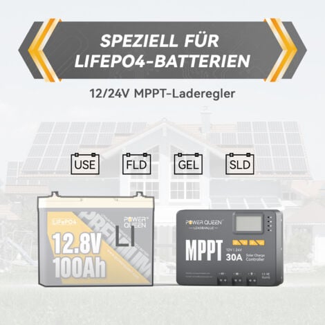 Contrôleur de charge solaire MPPT Power Queen 12 / 24V 30 AMP et adaptateur Bluetooth avec surveillance à distance, par défaut pour les batteries LiFePO4, compatible avec les batteries scellées, subme