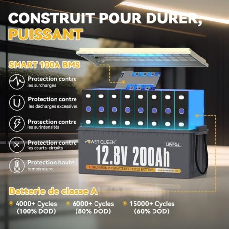 Batterie Lithium 12V200Ah 2560Wh Rechargeable LiFePO4 Power Queen, BMS 100A, 4000-15000 Cycles, Pour Camping Car, Caravane, solaire, Hors réseau, stockage de l'énergie domestique, Bateau