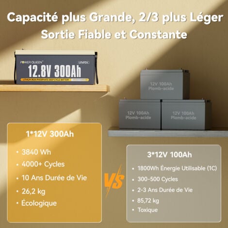 Batterie Lithium 12V300Ah 3840Wh Rechargeable LiFePO4 Power Queen, BMS 200A, 4000-15000 Cycles, pour solaire, Hors réseau, stockage de l'énergie domestique, Camping Car, Caravane, Bateau-2 Pièce
