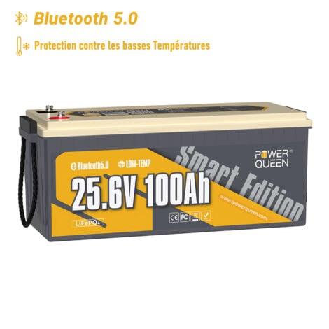 Batterie Lithium 24V100Ah 2560Wh Bluetooth LiFePO4 Power Queen, BMS 100A amélioré, protection à basse température,4000-15000 Cycles, pour solaire, Hors réseau, Camping Car, Caravane, Bateau