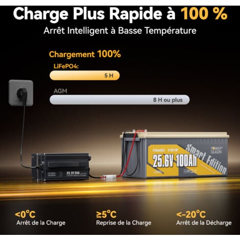 Batterie Lithium 24V100Ah 2560Wh Bluetooth LiFePO4 Power Queen, BMS 100A amélioré, protection à basse température,4000-15000 Cycles, pour solaire, Hors réseau, Camping Car, Caravane, Bateau