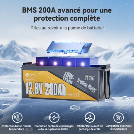 Batterie Lithium 12V280Ah 3584Wh LiFePO4 Power Queen, protection basse température, BMS 200A, 4000-15000 Cycles, Pour Camping Car,Caravane, solaire,Hors réseau,stockage de l'énergie domestique,Bateau
