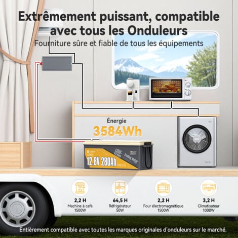 Batterie Lithium 12V280Ah 3584Wh LiFePO4 Power Queen, protection basse température, BMS 200A, 4000-15000 Cycles, Pour Camping Car,Caravane, solaire,Hors réseau,stockage de l'énergie domestique,Bateau