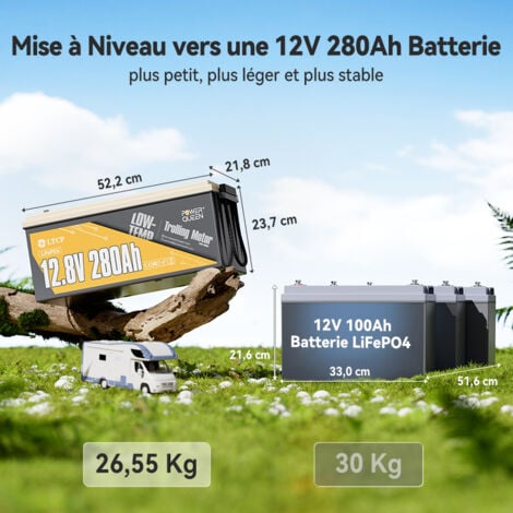 Batterie Lithium 12V280Ah 3584Wh LiFePO4 Power Queen, protection basse température, BMS 200A, 4000-15000 Cycles, Pour Camping Car,Caravane, solaire,Hors réseau,stockage de l'énergie domestique,Bateau