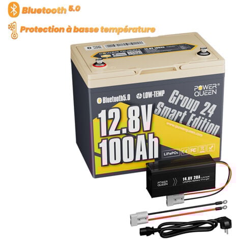 Batterie lithium 12V100Ah 1280Wh LiFePO4 Groupe24(Bluetooth 5.0)+14,6V 20A Chargeur de Batterie au Lithium Power Queen（Deux colis expédiés）