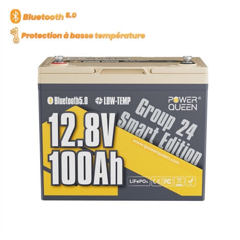 Batterie lithium 12V100Ah 1280Wh LiFePO4 Groupe24 Power Queen,Bluetooth, protection à les basses températures pour bateau,moteur hors-bord électrique, camping car,caravanes, solaire,hors réseau