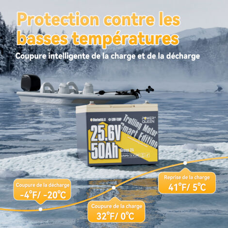 Batterie Lithium 24V50Ah 1280Wh LiFePO4 Power Queen, Bluetooth 5.0, protection à basse température, BMS 50A amélioré, pour bateau, moteur hors-bord électrique (70-100lbs), sondeur de pêche